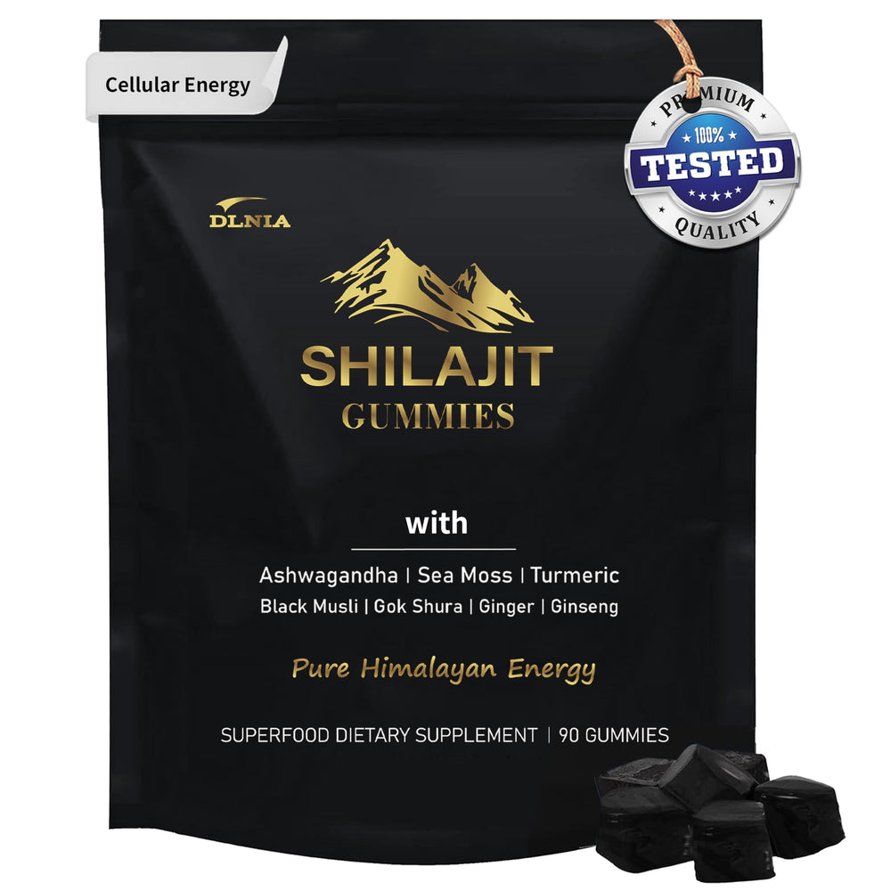 DLNIA Shilajit Gummies bottle shows a natural energy boost and vegan wellness.