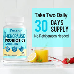 Dmeisy lifestyle image suggests daily menopause support and gut health.