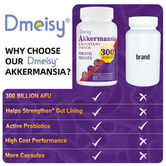 Dmeisy Akkermansia bottle pouring capsules into a hand.