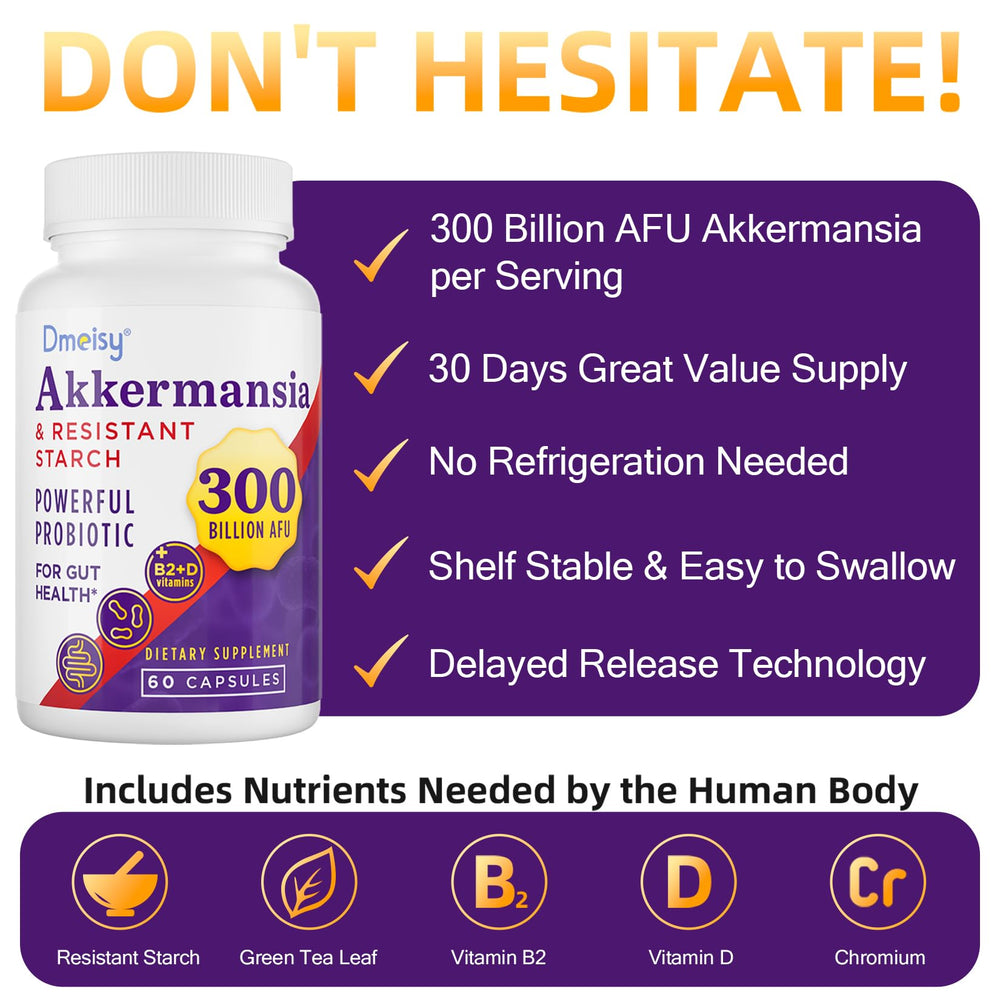 Dmeisy Akkermansia information card highlights potency and usage details