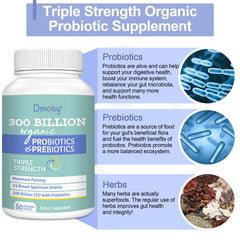 Dmeisy Probiotics bottle label highlights organic herbs and probiotic blend.