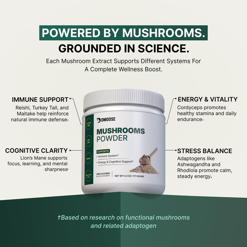DMoose Fitness immune-support mushrooms display emphasizes traditional immune-friendly ingredients.