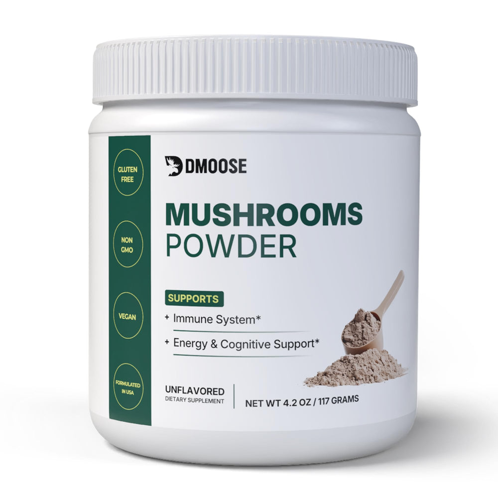 DMoose Fitness Lions Mane Complex bottle shown for convenient daily brain and immune support.