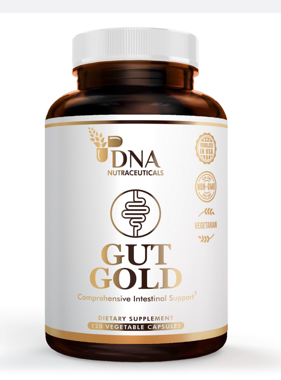 DNA Nutraceuticals Gut Gold bottle pour supports daily digestion and comfort.