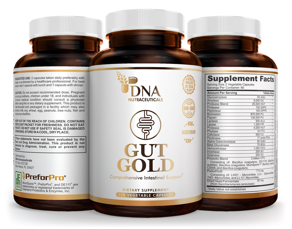 DNA Nutraceuticals Gut Gold digestive enzymes illustration suggests balanced nutrition.