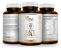 DNA Nutraceuticals Gut Gold digestive enzymes illustration suggests balanced nutrition.