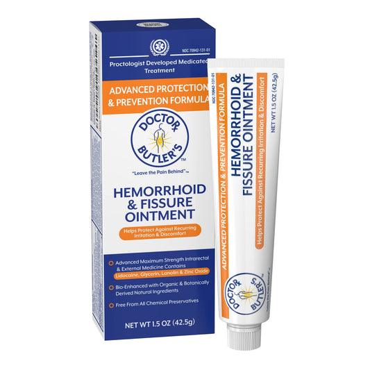 Doctor Butler's Advanced Hemorrhoid Ointment tube close-up for quick relief.
