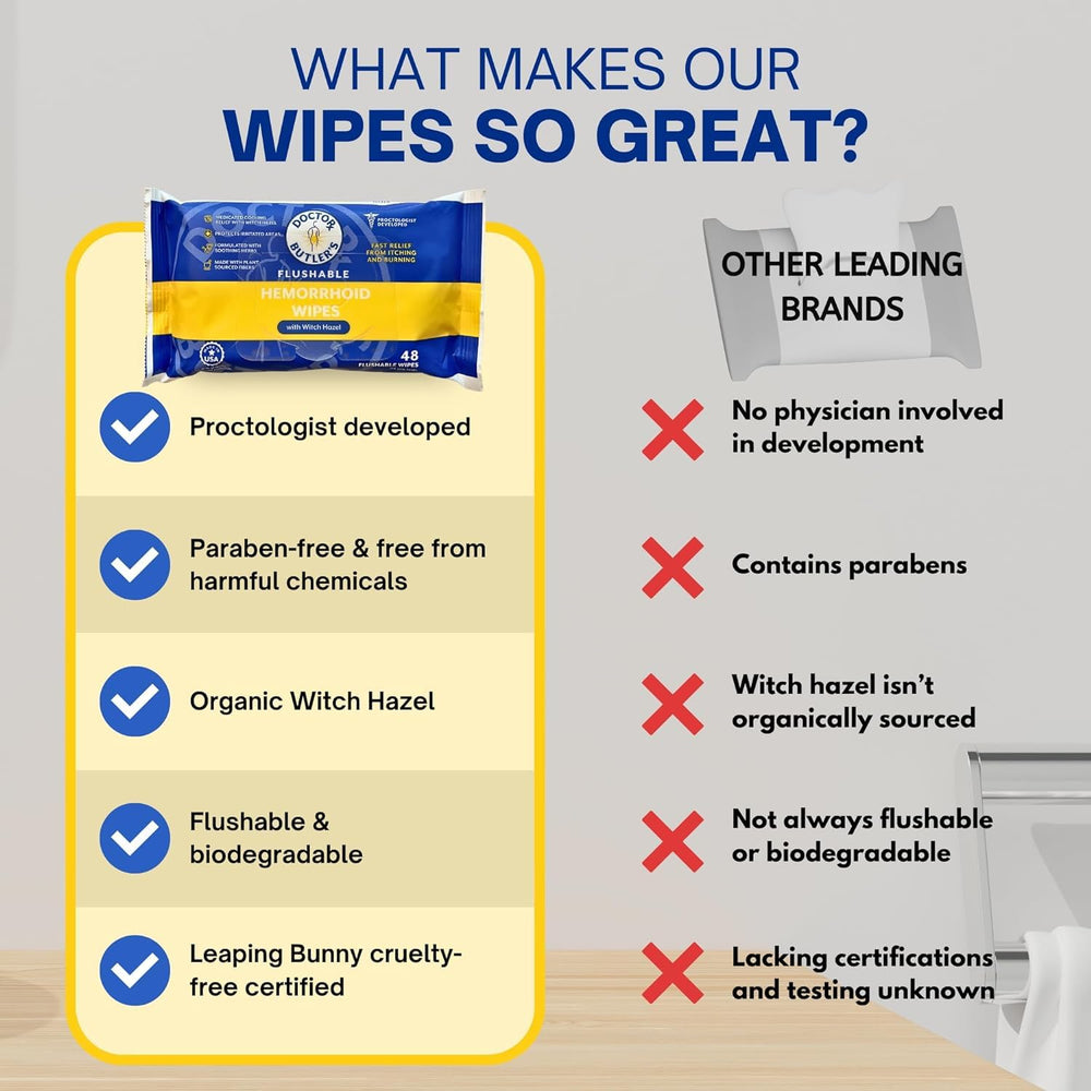 Doctor Butler's wipe with glycerin protects sensitive areas during cleansing