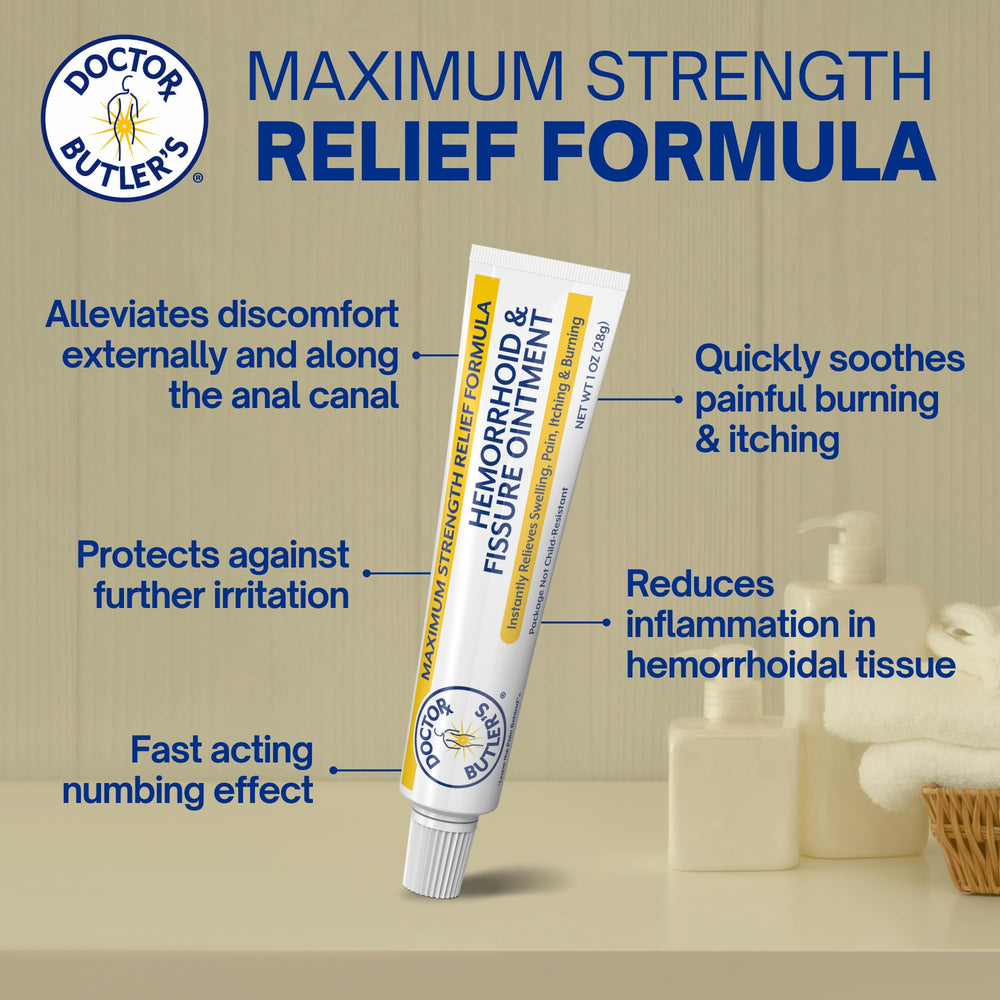 Doctor Butler’s hemorrhoid ointment tube ready for targeted, skin-friendly relief.