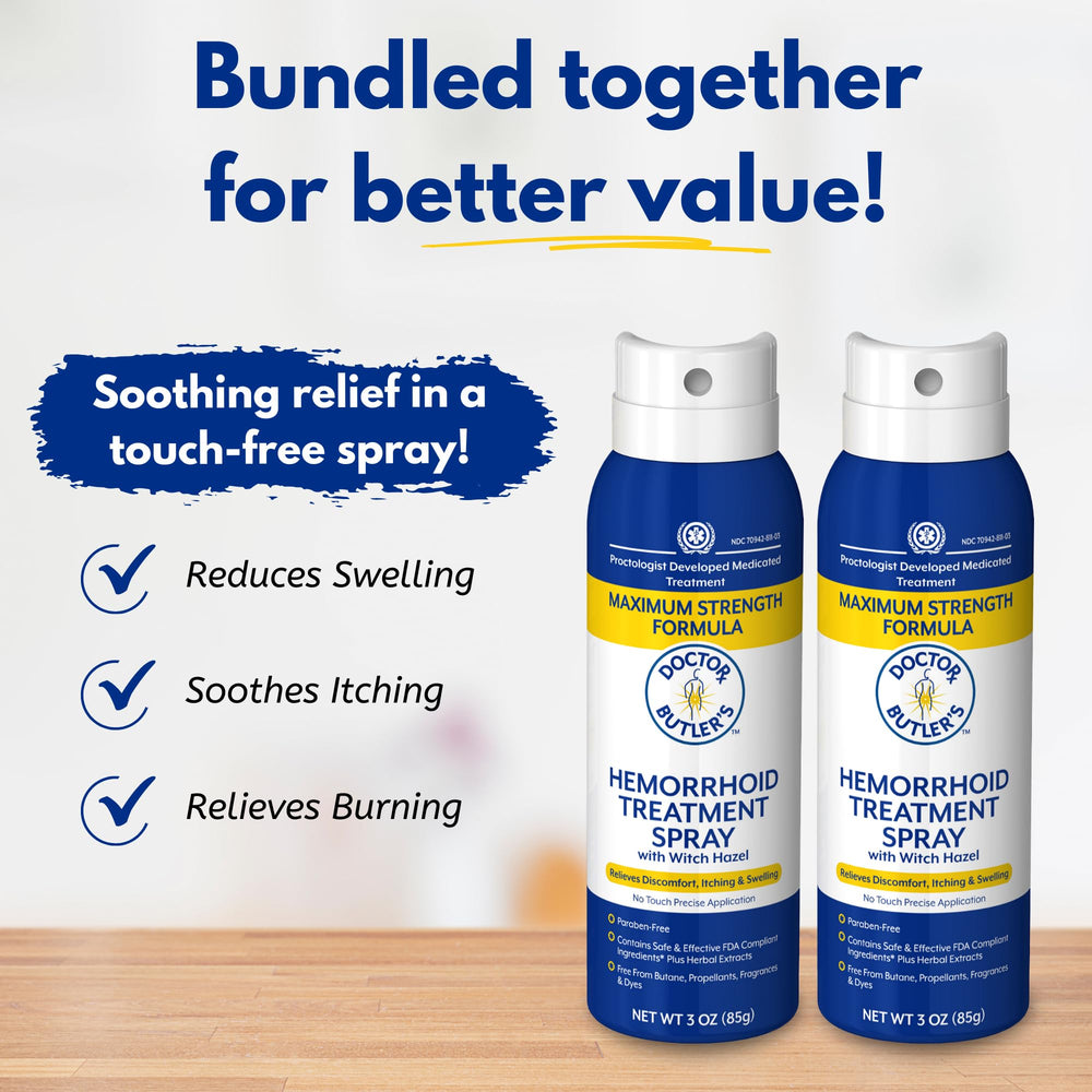 Doctor Butler's Hemorrhoid Spray featuring Witch Hazel for gentle swelling support.