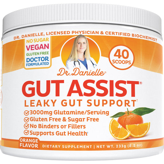 Doctor Danielle Gut Assist bottle highlights orange flavor and daily gut support.