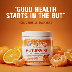 Doctor Danielle Gut Assist ingredients chart showcases L-Glutamine, aloe, and licorice for gut health.