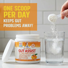 Doctor Danielle Gut Assist powder serving scoop enables easy daily dosing for digestion.