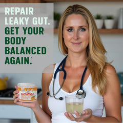 Doctor Danielle Leaky Gut Support powder tub label emphasizes multi-ingredient formula.