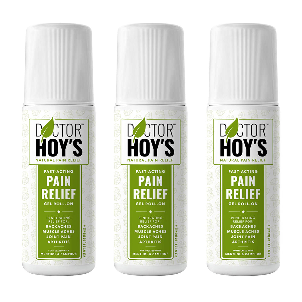 Doctor Hoy's Natural Pain Relief Gel bottle close-up highlighting fast absorption