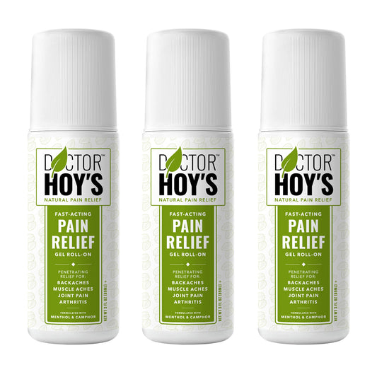 Doctor Hoy's Natural Pain Relief Gel bottle close-up highlighting fast absorption