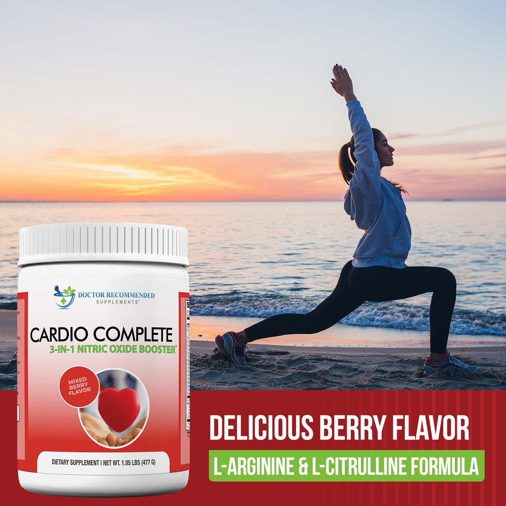 Cardio Complete berry-flavor powder tub ready to mix into drinks