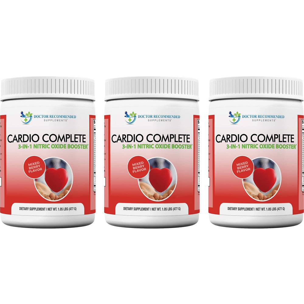 Cardio Complete bottle front with brand and berry-flavored formula.