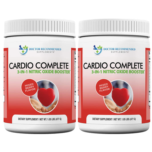Cardio Complete bottle front by Doctor Recommended Supplements showing the 3-in-1 nitric oxide support for workouts