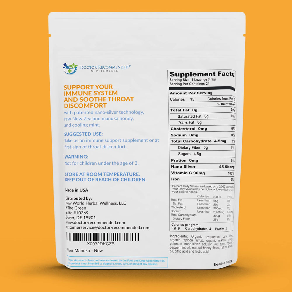 Doctor Recommended Supplements nano silver 60 PPM label close-up.