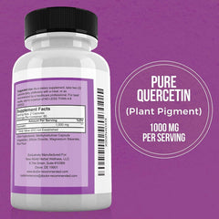 Quercetin 1000mg bottle label close-up emphasizing ingredient clarity.