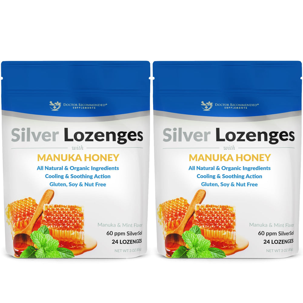 Doctor Recommended Supplements silver lozenges with Manuka honey; travel-ready for throat soothing.
