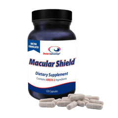 Doctor's Advantage Macular Shield bottle on a clean counter supporting daily eye wellness