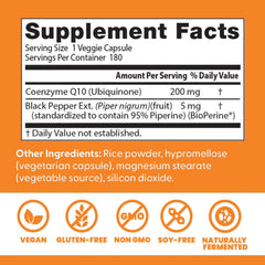 Doctor's Best CoQ10 bottle close-up of BioPerine label indicating absorption boost