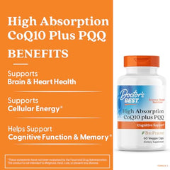 Doctor's Best CoQ10-PQQ capsules close-up emphasizing absorption benefits