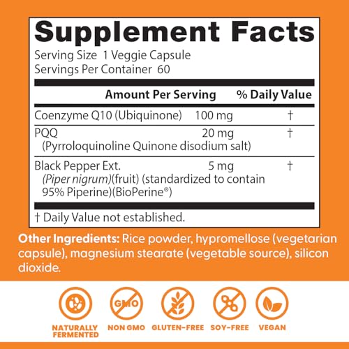 Doctor's Best CoQ10-PQQ ingredients label close-up for transparent quality