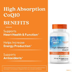 Closeup of Doctor's Best CoQ10 softgel capsules highlighting energy production support