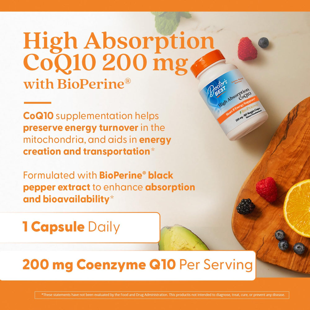 Doctor's Best CoQ10 vegan label close-up noting non-GMO and gluten-free