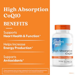 Doctor's Best CoQ10 veggie caps close-up shows vegan, gluten-free capsules.