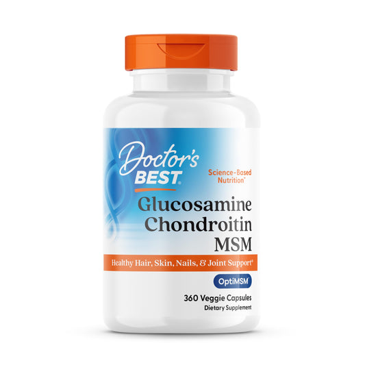 Doctor's Best glucosamine chondroitin MSM capsules on bottle label supporting joint comfort
