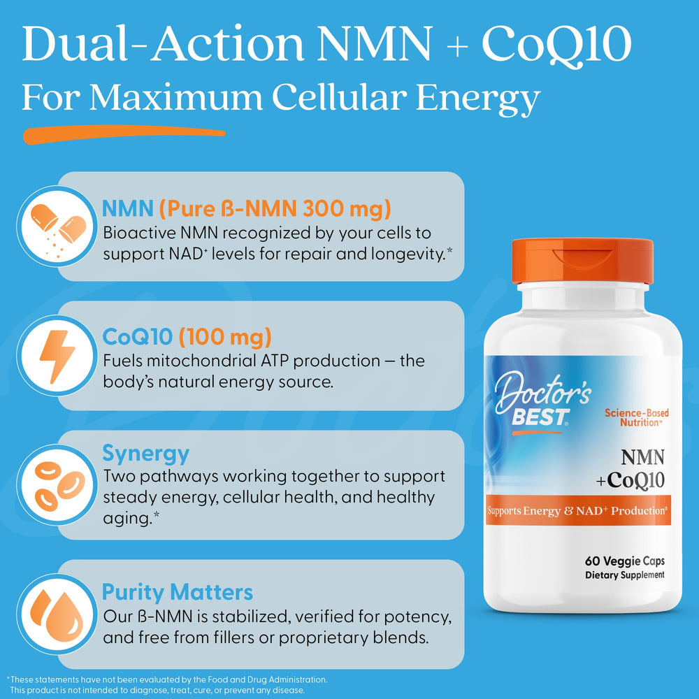 Ingredient label shows NMN 150 mg and CoQ10 50 mg per capsule