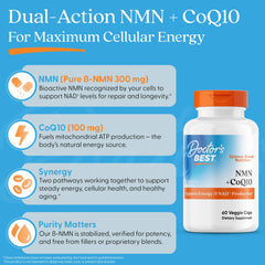 Ingredient label shows NMN 150 mg and CoQ10 50 mg per capsule