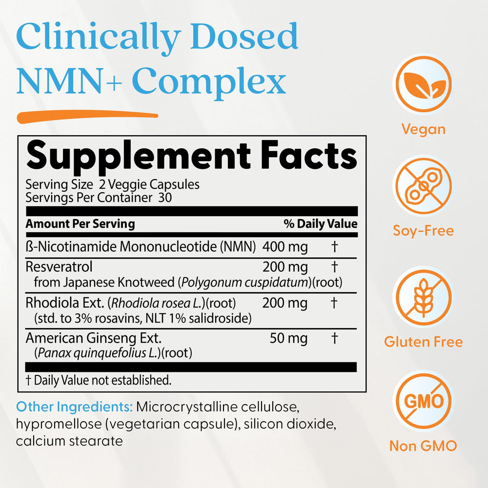 Doctor's Best NMN+ capsules closeup showing dosage per serving for easy dosing
