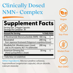 Doctor's Best NMN+ capsules closeup showing dosage per serving for easy dosing