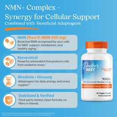 Doctor's Best NMN+ capsules being poured to illustrate daily dosing