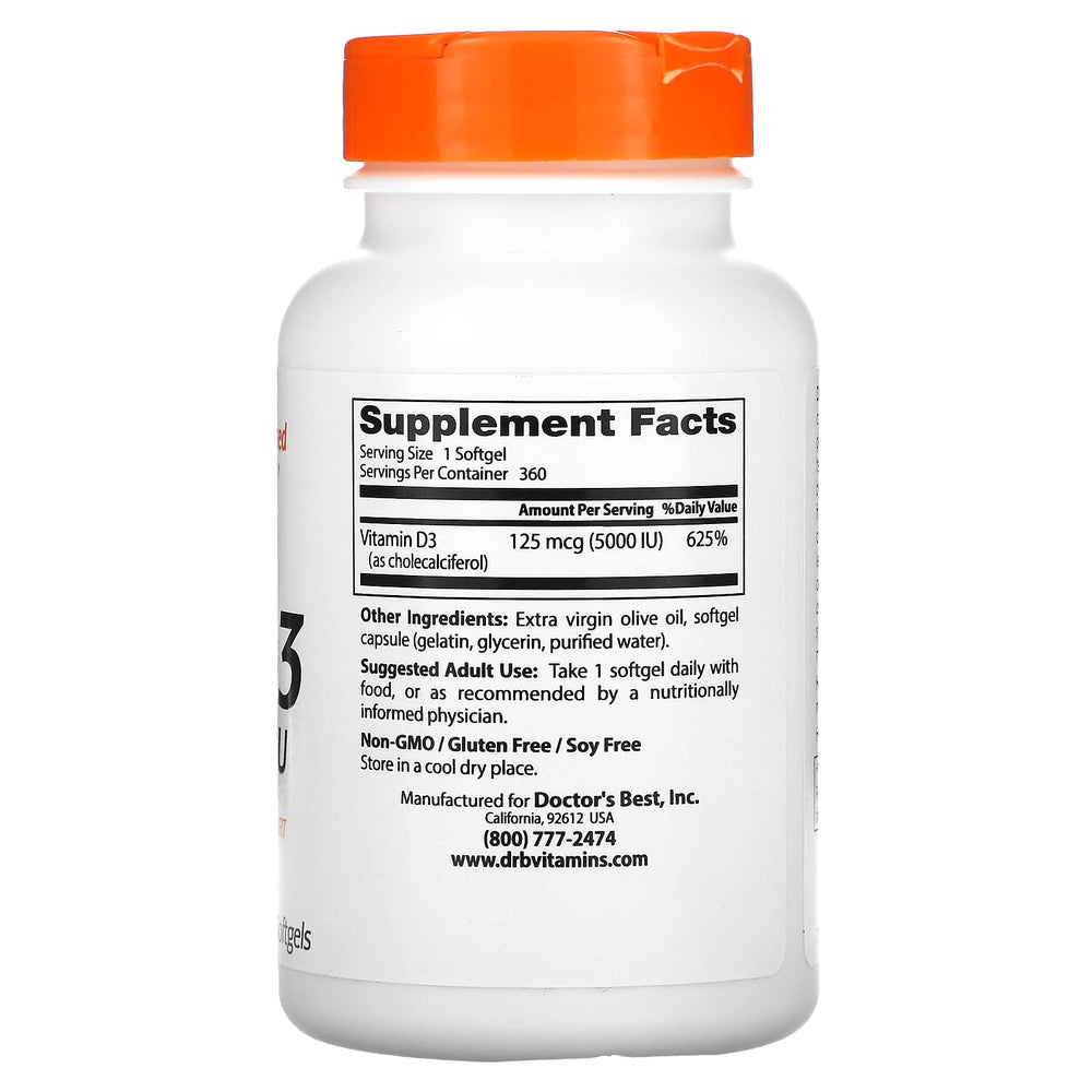 Close-up of Doctor's Best Vitamin D3 bottle with capsules, suggesting heart health and calcium balance.