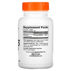 Close-up of Doctor's Best Vitamin D3 bottle with capsules, suggesting heart health and calcium balance.
