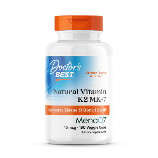 Doctor's Best Vitamin K2 MK-7 bottle highlights MenaQ7 for enhanced bone support.