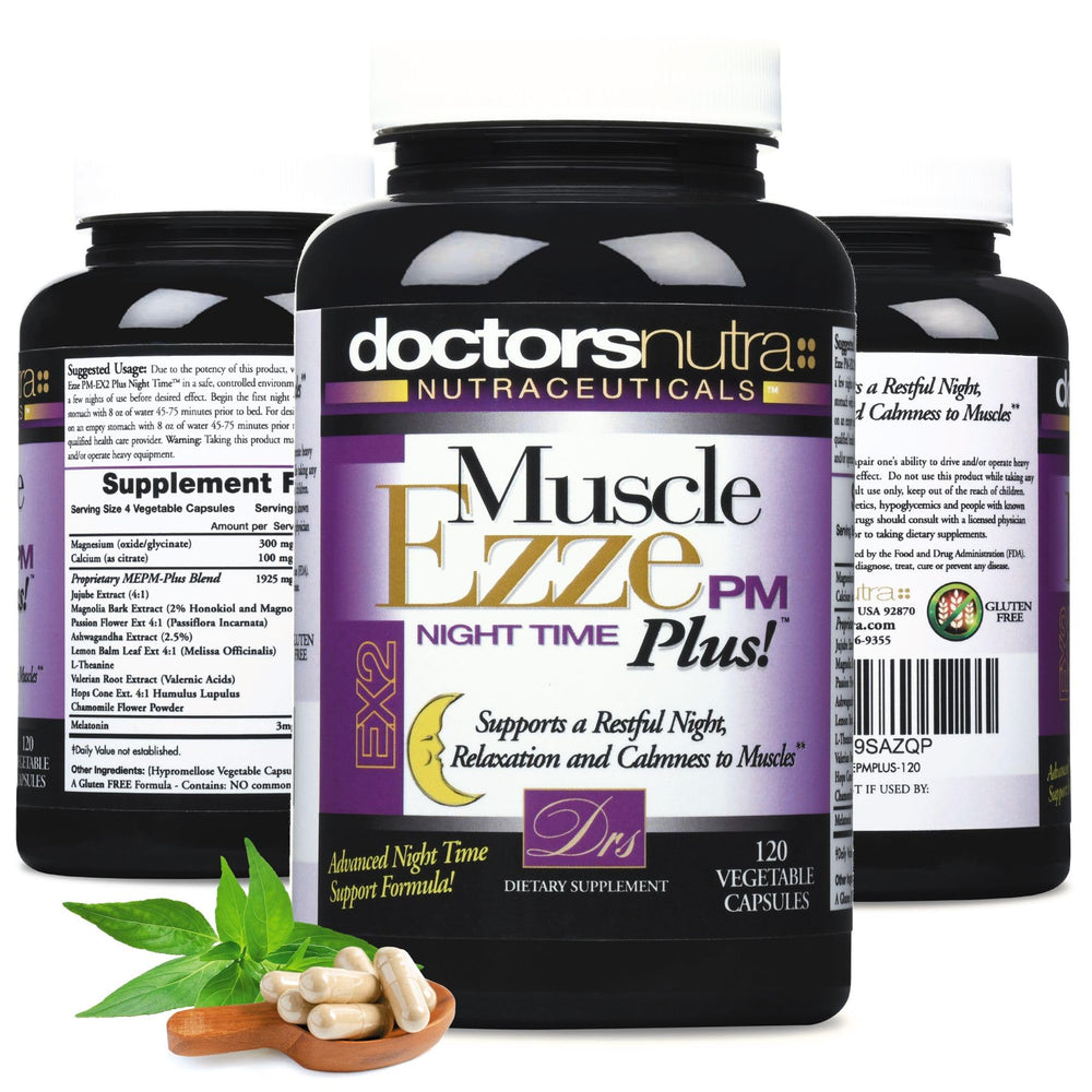 Gluten-free seal on Doctors Nutra Muscle Ezze PM Plus packaging affirms allergen-safe ingredients.
