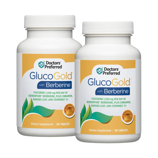 DOCTORS' PREFERRED GlucoGold bottle with berberine supports daily wellness.