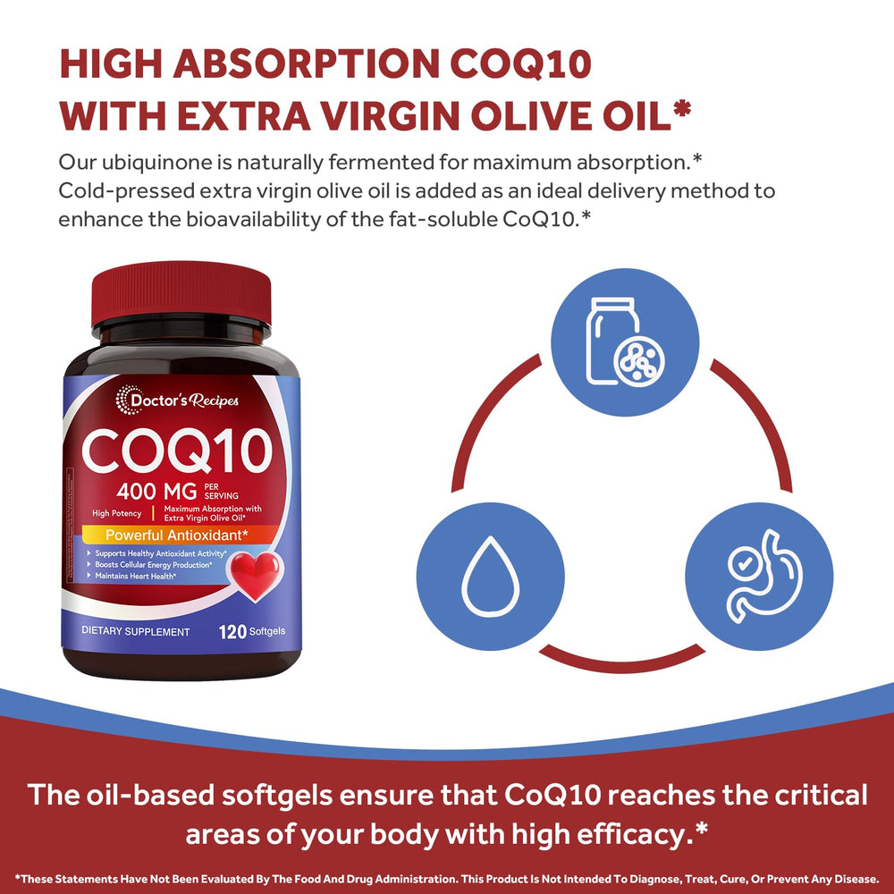 Gluten-free and non-GMO icons on Doctor's Recipes CoQ10 packaging.
