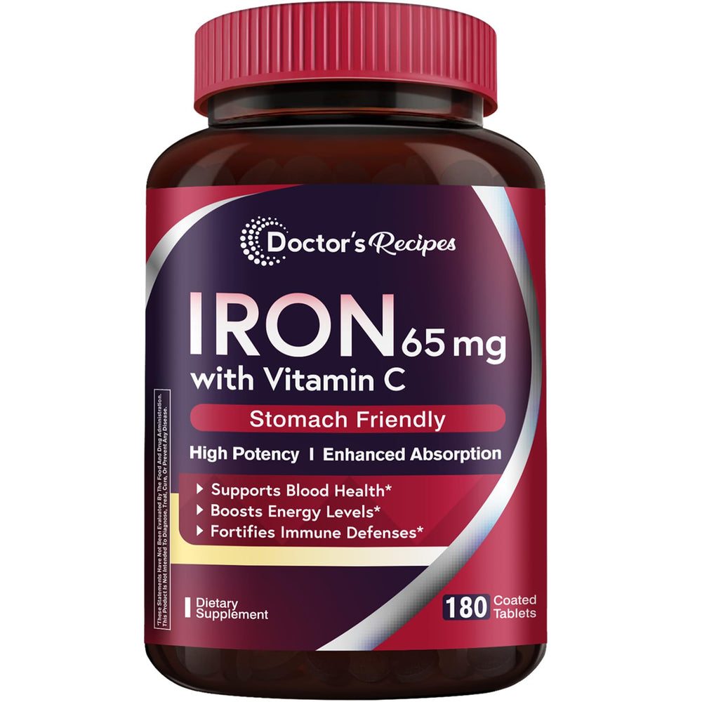 Doctor's Recipes iron supplement bottle highlights 65 mg carbonyl iron for steady absorption