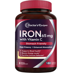 Doctor's Recipes iron supplement bottle highlights 65 mg carbonyl iron for steady absorption