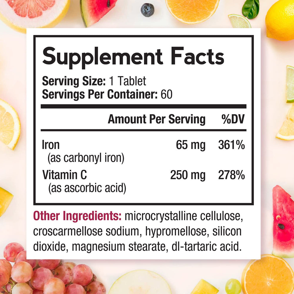 Doctor’s Recipes iron supplement bottle back with label details for informed use