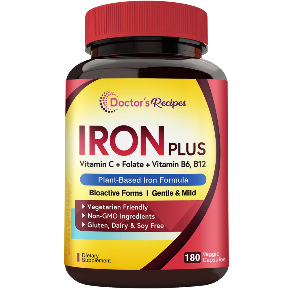 Doctor's Recipes iron supplement bottle front, gentle iron option for daily support.