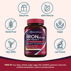 Doctor’s Recipes iron supplement capsules close-up showing small easy-to-swallow pills